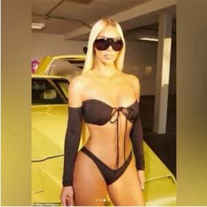 SKIMS Recycled Swim Long Sleeve Off Shoulder Bikini Top Onyx L